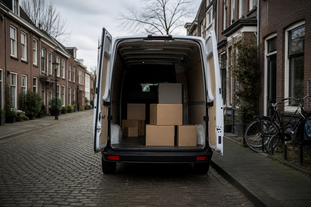Witte verhuisbus in een rustige Nederlandse straat